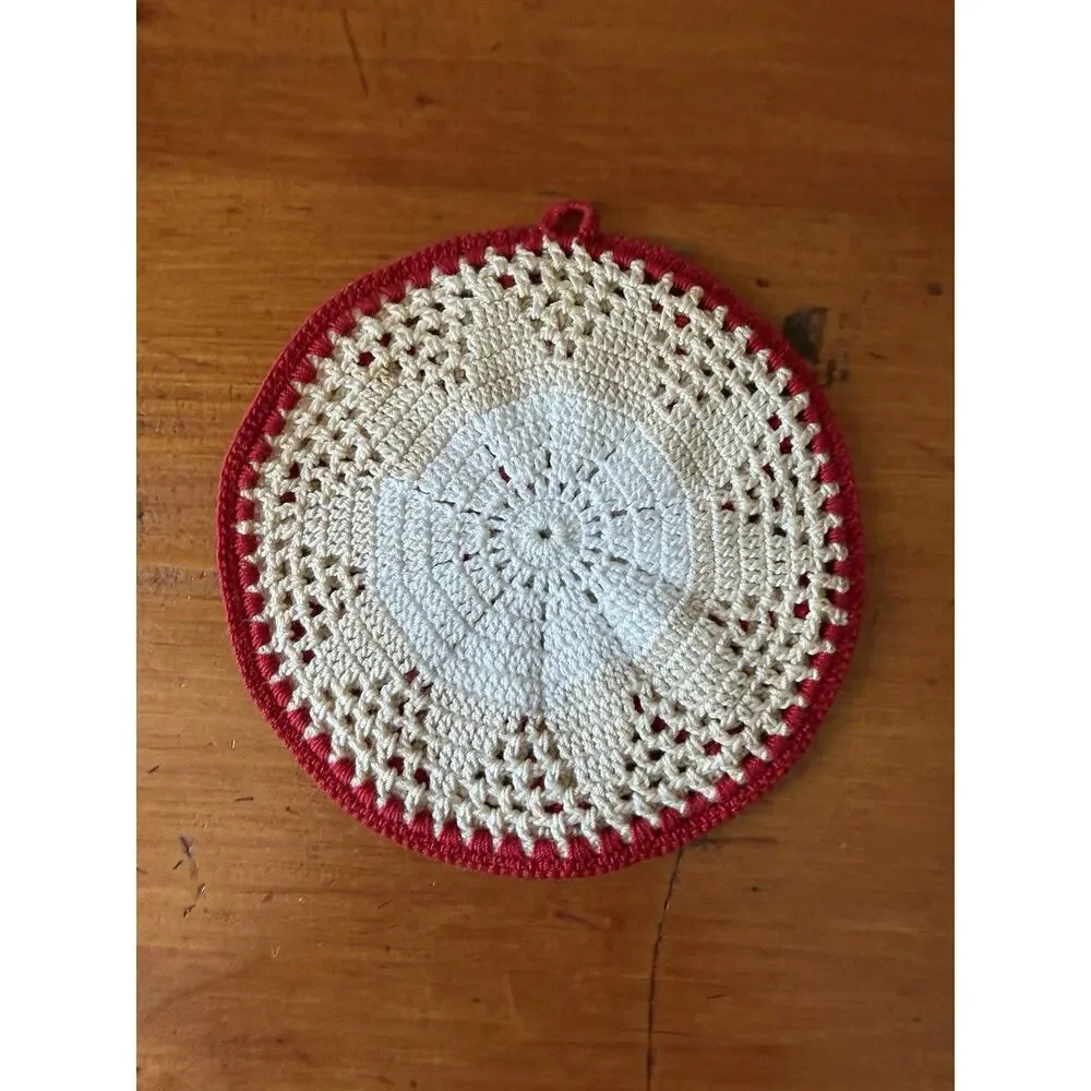 Vintage Crochet Floral Hot Pad Trivet Set Red White Handmade Kitchen Decor Pair